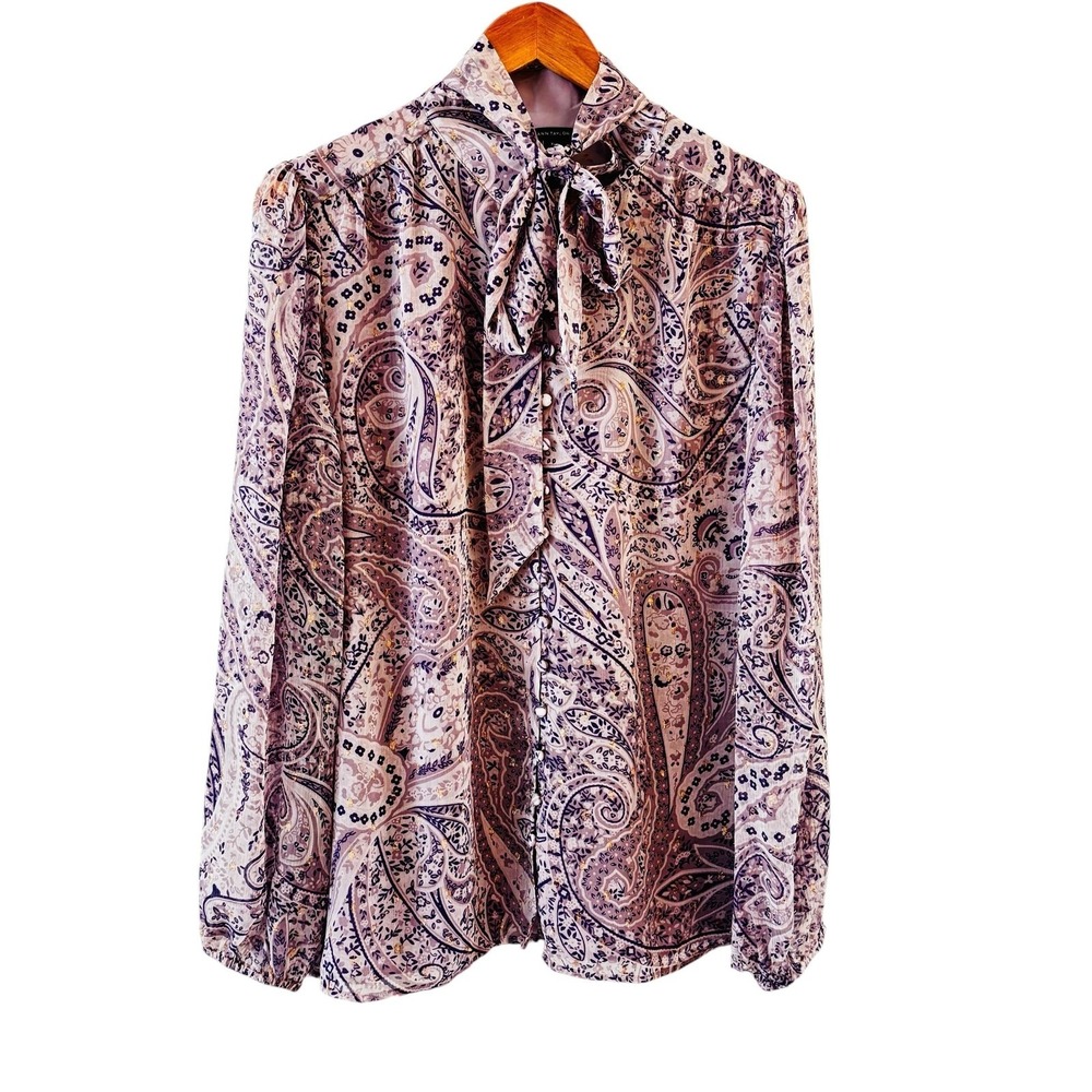 Ann Taylor Paisley Tie Neck Blouse Womens XL Purple Career Office Preppy Classic